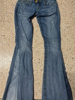 True Religion Distressed Medium Blue Flare Jeans